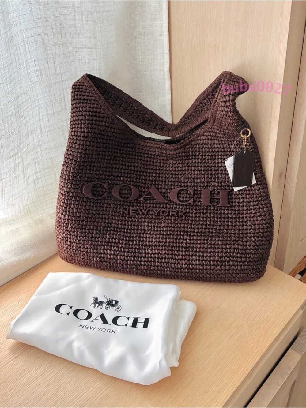 NWT🍁Coach Brooklyn Shoulder Bag 34 Maple Dark Brown CDZ38 Straw Tote Fall Gift